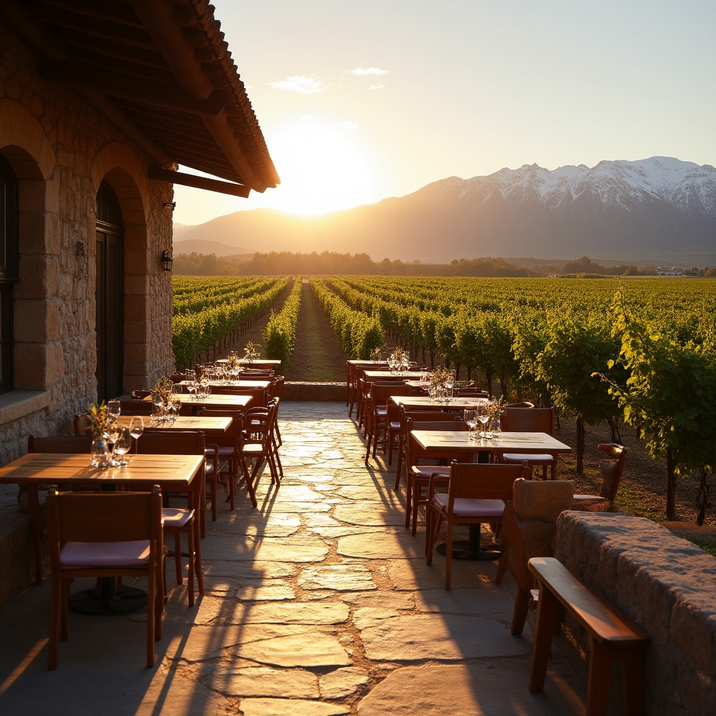 Terraza de una bodega en Mendoza con vista a los viñedos y la cordillera