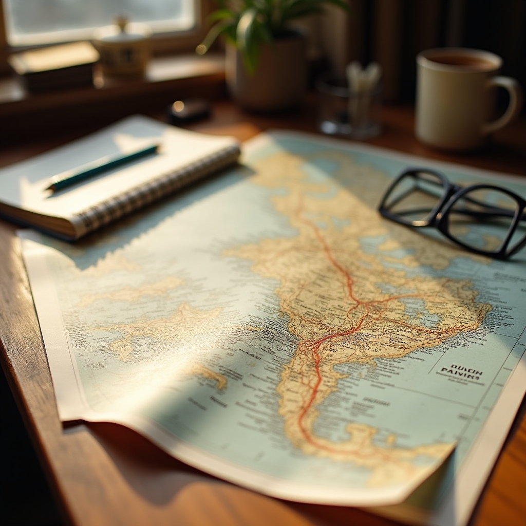 Equipo editorial revisando mapas y notas de ruta sobre una mesa de trabajo