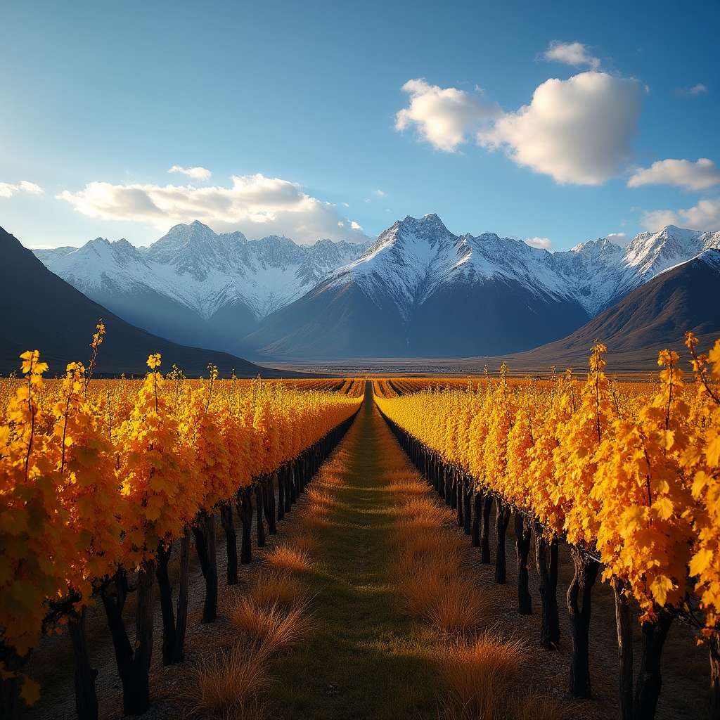 Viñedos de la Patagonia con la cordillera de los Andes de fondo