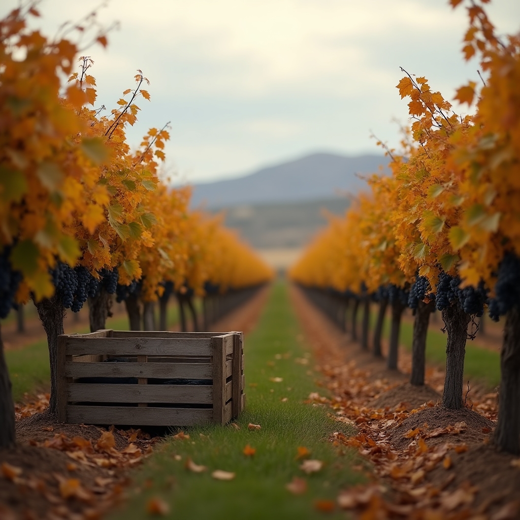 Viñedo en época de cosecha con hojas de color otoñal